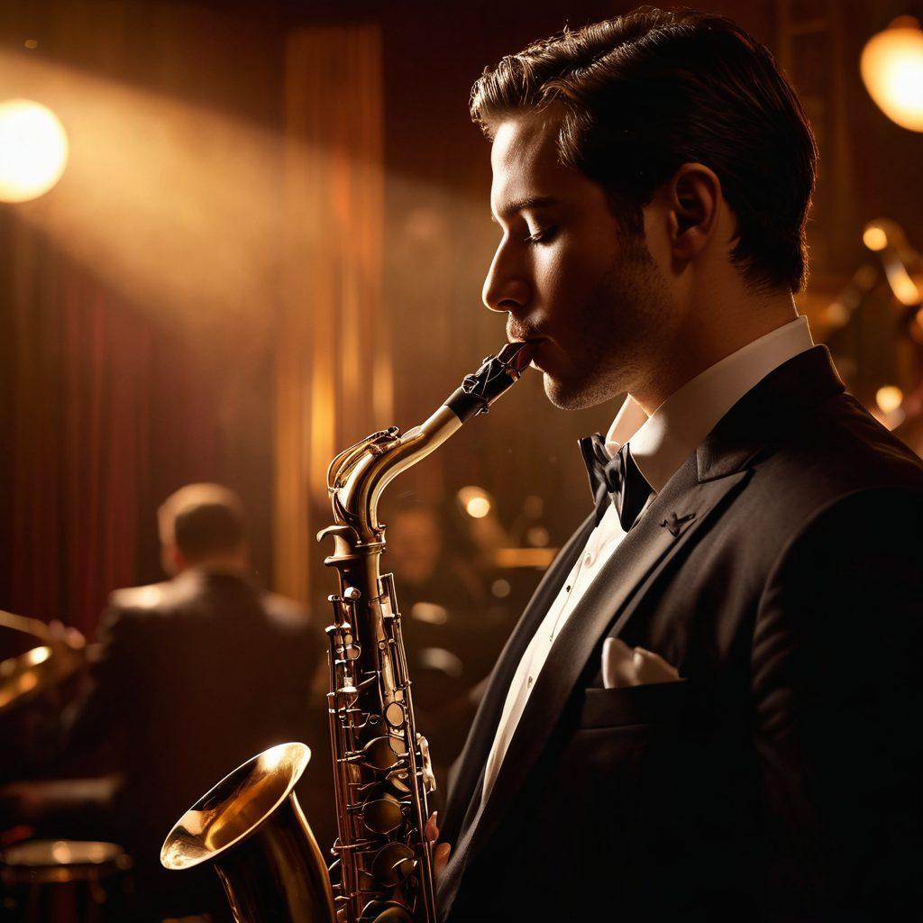 A seductive saxophone player bathed in soft, moody lighting, enticing the viewer with an alluring gaze. The background features a smoky jazz club atmosphere, with hints of vibrant colors reflecting off polished brass instruments. Add silhouettes of captivated listeners enjoying the performance, and wisps of musical notes floating in the air. The scene captures the essence of sensuality and rhythm in a dynamic, engaging composition. super-realistic. warm tones. atmospheric lighting.