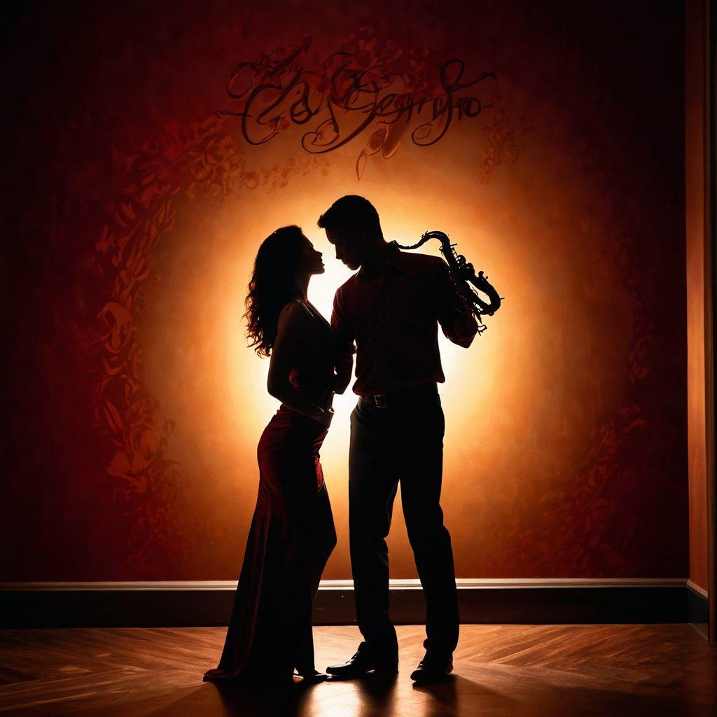 A sultry evening scene featuring a saxophonist passionately playing under soft, dim lights, with shadows casting romantic patterns on the walls. Sensual silhouettes of couples dancing close together in the background, emphasizing the intimate connection through music. The warm tones of amber and deep red create a cozy atmosphere, embodying the essence of eroticism. Include a slightly blurred focus on the saxophone to highlight its allure. super-realistic. warm tones. soft focus.
