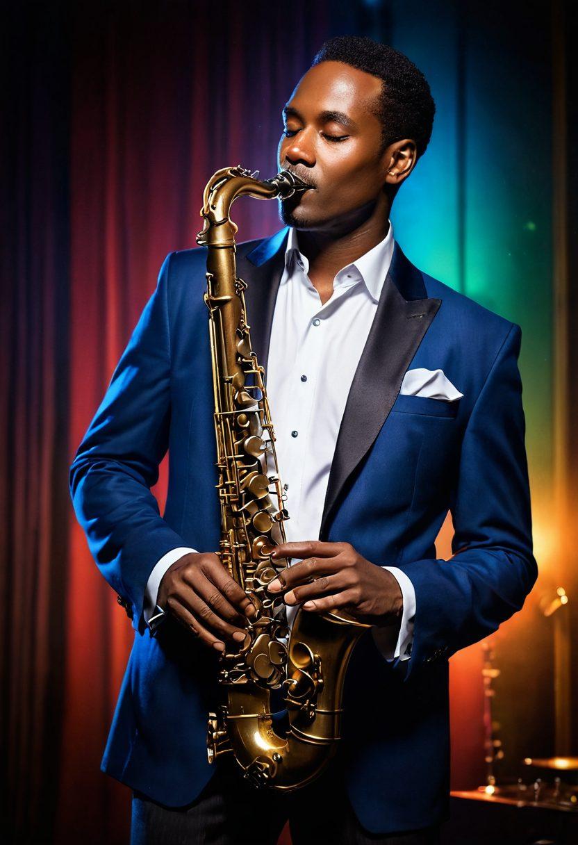 A sultry, dimly lit jazz club scene showcasing a charismatic adult saxophonist passionately playing on stage. The atmosphere is filled with vibrant colors and soft glowing lights, enhancing the mood of musical indulgence. Capture the audience's mesmerized expressions as the saxophonist captivates them with soulful melodies. Include elements like a smoky ambiance, stylishly dressed patrons, and a vintage saxophone. painting. vibrant colors. moody lighting.